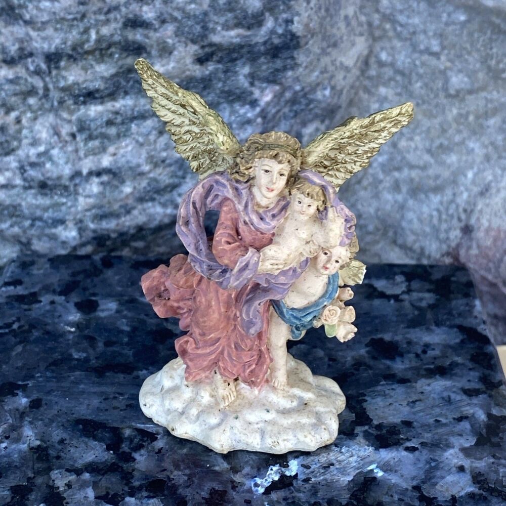 Vintage 1994 Lefton Guardian Angel Figurine, w/Child Angels, 2.25"